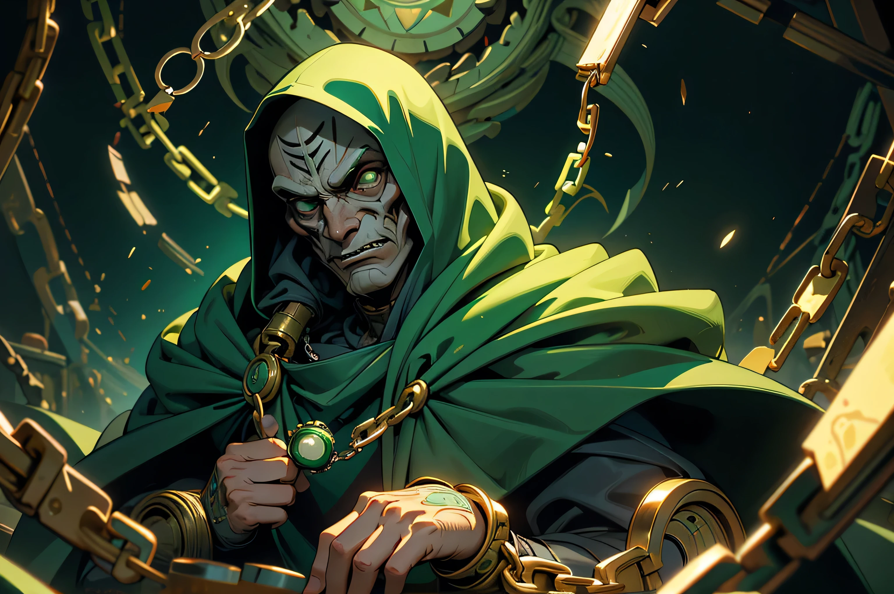 (masterpiece:1.2, best quality:1.2), ((masterpiece)), (((best quality))), ((ultra-detailed)), ((illustration)), (1man, male, solo), (doctor doom, green hoodie, chains, green eyes), mask, white markings, full gray suit, broad shoulders, chaos, ((hell, underworld)), fisheye lens