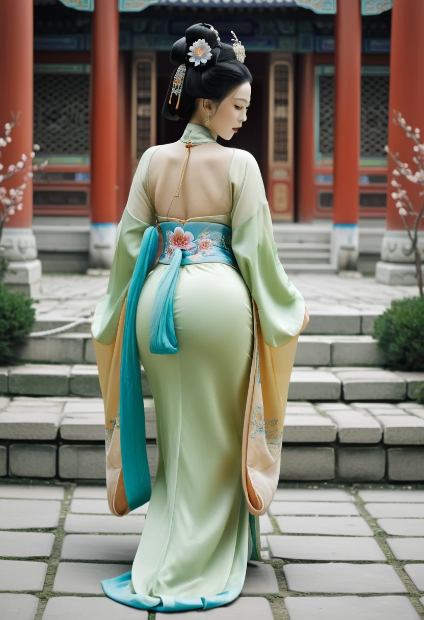 
The image of a Qing Dynasty Empress with her bare buttocks visible. The background is the stone paving outside a Chinese palace during the Qing Dynasty. Only her large buttocks are sticking out. She is either wearing underwear or not. Her protruding buttocks are floating up in the air.　　　　　　　　　　　　　　　　　　　　　　　　　　　　　　
Her hair is decorated with a large flower ornament and a large crown.　
The back of the hair is tied up and up.　Erotic Woman