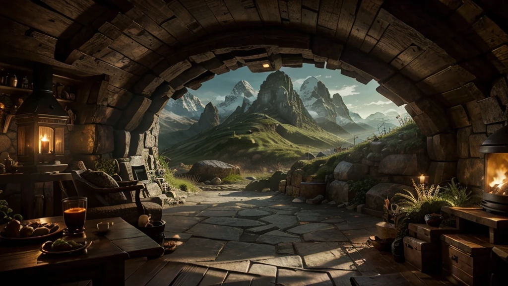 fireplace view of mountains, magical environment, cozy enchanting scene, fantasy setting, beautiful magical cave scene, fantasy setting có bầu không khí, inside the hobbit hole, fantasy landscape, Detailed scenery, Cozy place, in the hobbit house, fantasy setting, fantasy landscape ấn tượng, Cozy environment, fantasy blur, Cute, Detailed scenery, magical scenery