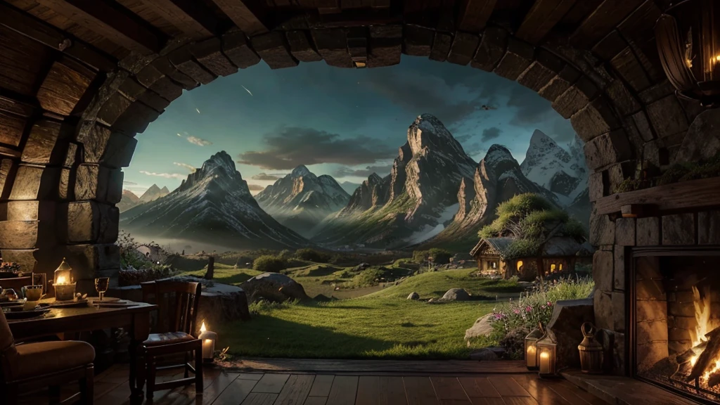 fireplace view of mountains, magical environment, cozy enchanting scene, fantasy setting, beautiful magical cave scene, fantasy setting có bầu không khí, inside the hobbit hole, fantasy landscape, Detailed scenery, Cozy place, in the hobbit house, fantasy setting, fantasy landscape ấn tượng, Cozy environment, fantasy blur, Cute, Detailed scenery, magical scenery