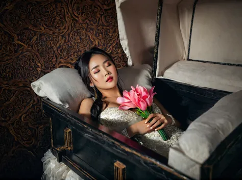 in a striking 8k hdr scene, a stunning korean woman, 22 years old, lies peacefully in a coffin and coffin cover surrounded by pl...