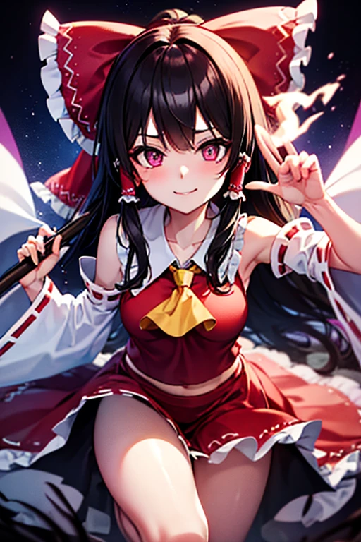 Reimu with her bewitching purple eyes smiles devilishly and unleashes pink magic attacks on the dark streets of the night.