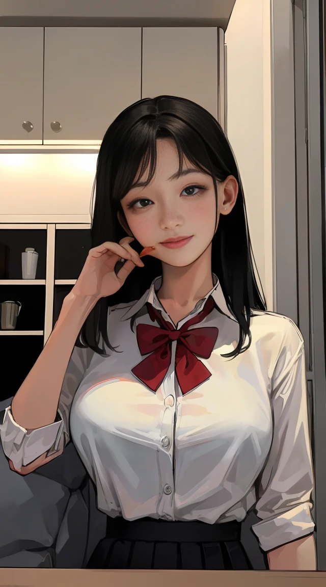 (8k, RAW Photos, Highest quality, masterpiece: 1.2), (Realistic, photo-Realistic: 1.37), Very detailed, 1 girl, cute, alone, Beautiful and detailed sky, Detailed Coffee, night, Sitting, (My nose turned red), (smile: 1.1), (Shut your mouth.), Big Breasts, Beautiful and beautiful eyes, (Collared shirt: 1.1), bow tie, Pleated skirt, (short hair: 1.2), Long Hair, Eat a big ice cream,