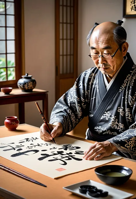 shodô, muni d'un pinceau et d'encre de chine, le calligraphe trace un idéogramme japonais sur du papier, art ancestrale de la ca...