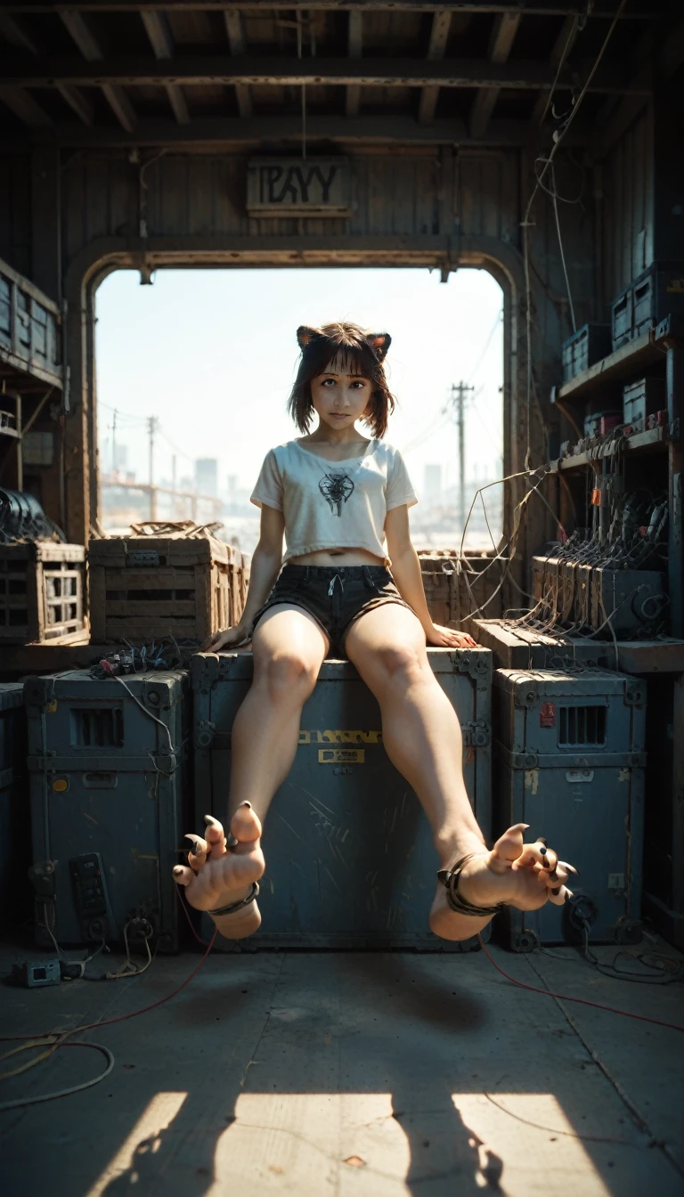 （Female robotic tiger), Solitary,, Detailed fur texture, (Cyberpunk), (Wear black short sleeves and black shorts), ,Feet are claws wearing beach sandals,Metal body，Wires and cables that connect the header and body，Mechanical limbs，Trunk wires and cables，Mechanical plug,Wire inserted into the belly, dawn, shadow, Bright environment, (Chest gemstones), , (Kantanagarmouli)), (Bottom view), Looks excited, [Simple background], Detailed student, Masterpiece Artwork, Caustic lines, Rim Light, Single light source, 清晰的shadow, Finger claws, (Digital Grade, Claws), (Hanfu),Sitting in the warehouse with my feet up，Soles facing the screen