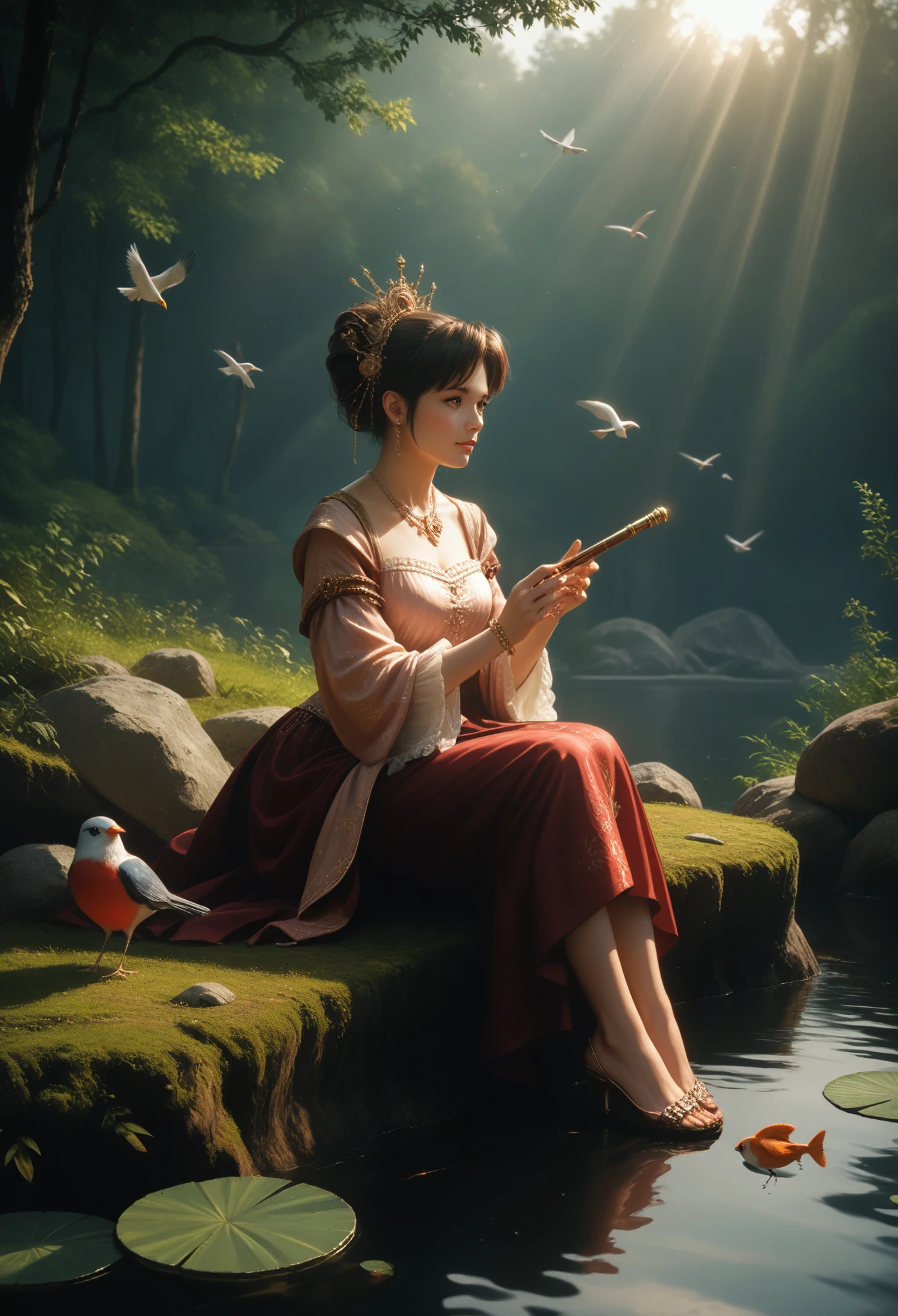 cinematic film still,score_9,score_8_up,score_7_up,masterpiece,best quality,8k,source_cartoon,source_アニメ, goddess,Beautiful Volasi, plays the flute,sits on a rock by the pond, belve, Birds, Fishes, Listening intently, A picture of extraordinary beauty, Everything sparkles in the rays of the sun, masterpiece, with Full Detailing, Unforgettable Melody, pfstyle 1, The Brightest Colors, The palette seems to be alive,