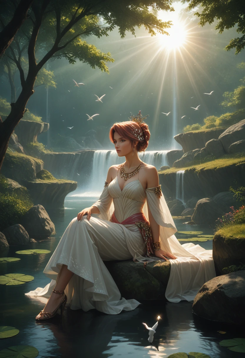 score_9,score_8_up,score_7_up,masterpiece,best quality,8k,source_cartoon,source_アニメ, goddess,Beautiful Volasi, plays the flute,sits on a rock by the pond, belve, Birds, Fishes, Listening intently, A picture of extraordinary beauty, Everything sparkles in the rays of the sun, masterpiece, with Full Detailing, Unforgettable Melody, pfstyle 1, The Brightest Colors, The palette seems to be alive,