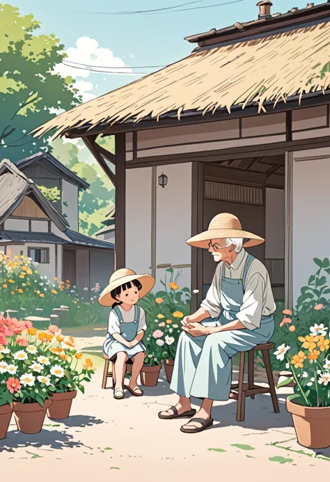 an elderly figure wearing a straw hat sits on a stool, talking to a child, with flower pots by a traditional house.，pastel color...