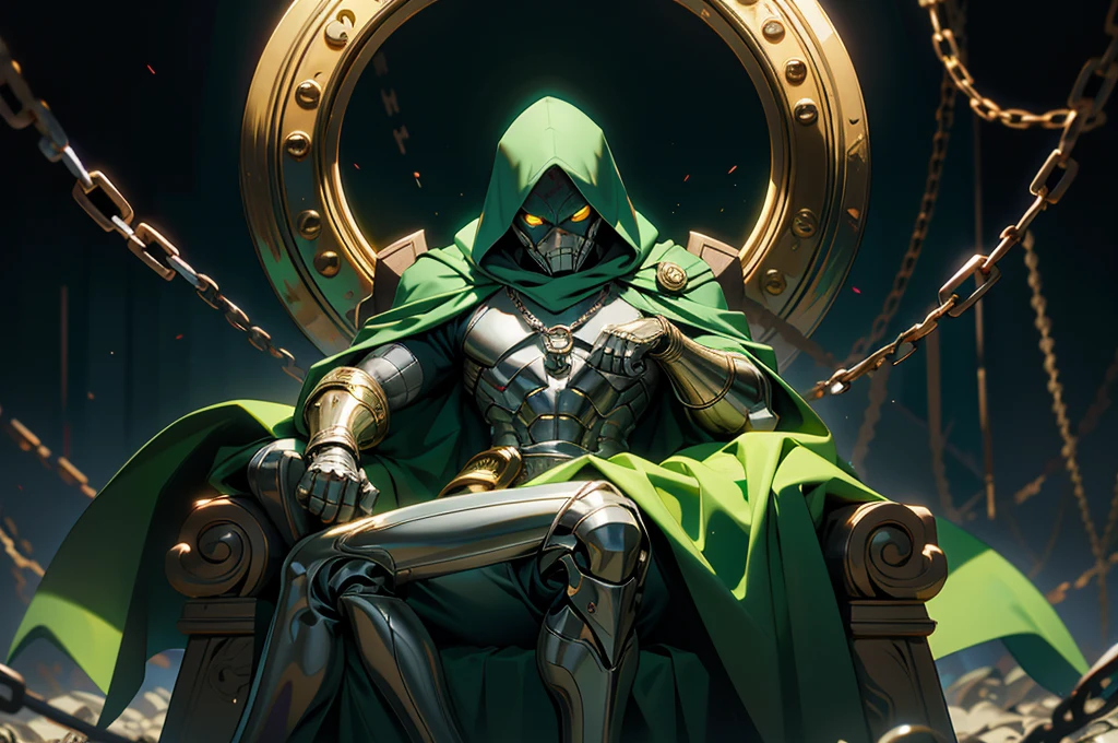 (masterpiece:1.2, best quality:1.2), ((masterpiece)), (((best quality))), ((ultra-detailed)), ((illustration)), (1man, male, solo), ((doctor doom, silver metal mask, green hood, cloak, chains, yellow glowing eyes)), silver metal mask, white markings, full gray suit, broad shoulders, chaos, sitting on throne, control corpses, ((hell, underworld)), fisheye lens