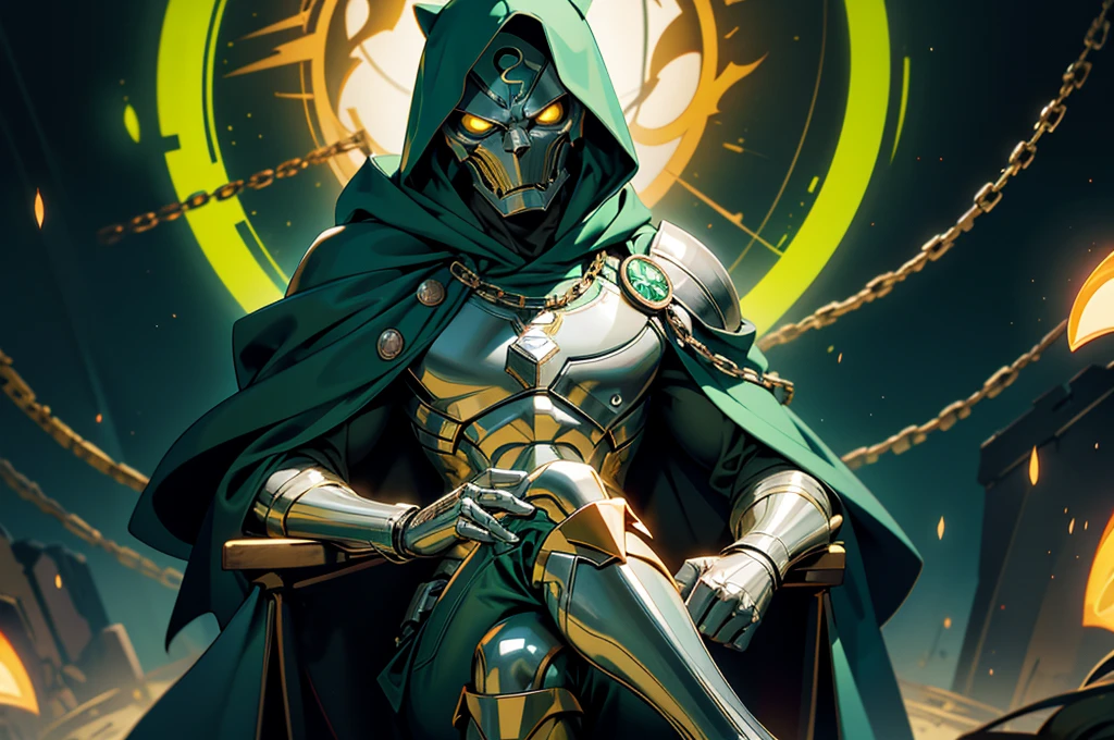 (masterpiece:1.2, best quality:1.2), ((masterpiece)), (((best quality))), ((ultra-detailed)), ((illustration)), (1man, male, solo), ((doctor doom, silver metal mask, green hood, cloak, chains, yellow glowing eyes)), silver metal mask, white markings, full gray suit, broad shoulders, chaos, sitting on throne, control corpses, ((hell, underworld)), fisheye lens