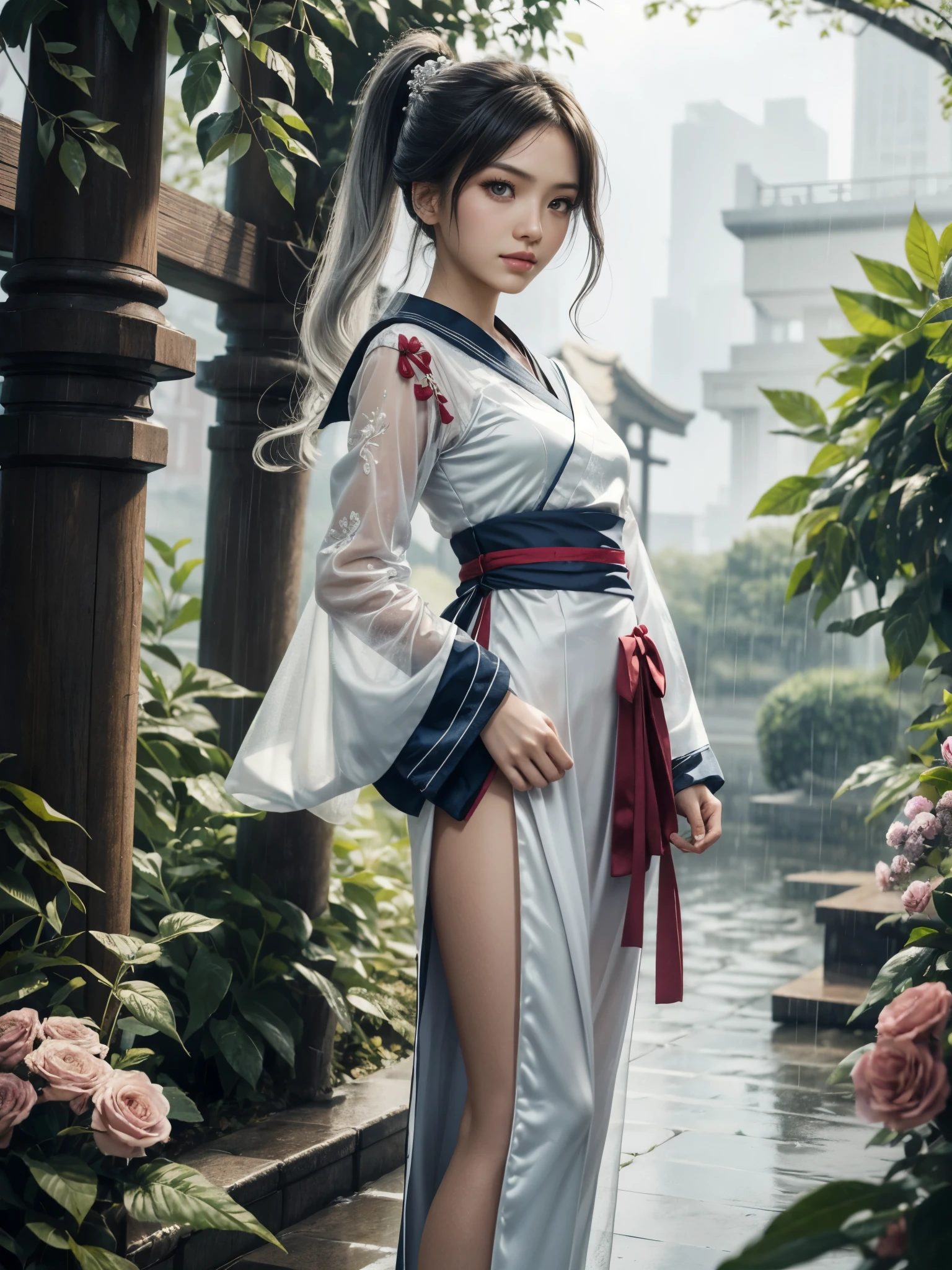 1girl, standing, (side cut long hanfu blouse with sailor collar, thigh, see-through ruffles sleeve:1.2), high ponytail, detailed face, looking at viewer, rainy weather, heavy rain, highest quality, high resolution, very detailed, delicate texture, silver hair, red eyes, bangs, poker face, holding rabbit, red kimono, floral pattern, romantic nature, very straight hair, dreamlike world atmosphere, exquisite,