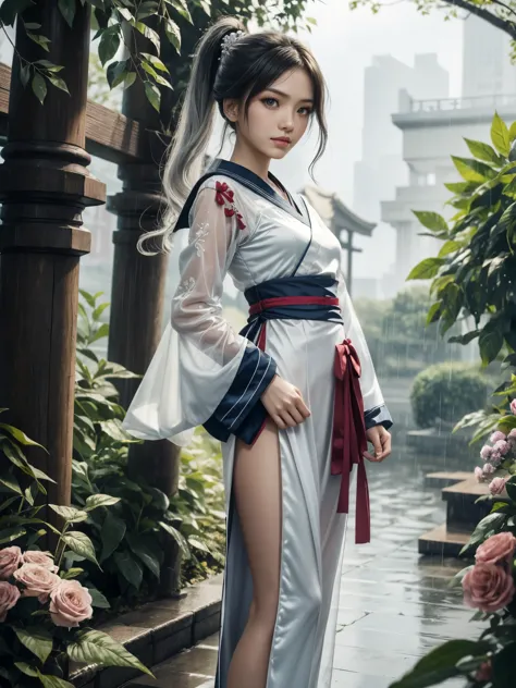 1girl, standing, (side cut long hanfu blouse with sailor collar, thigh, see-through ruffles sleeve:1.2), high ponytail, detailed...