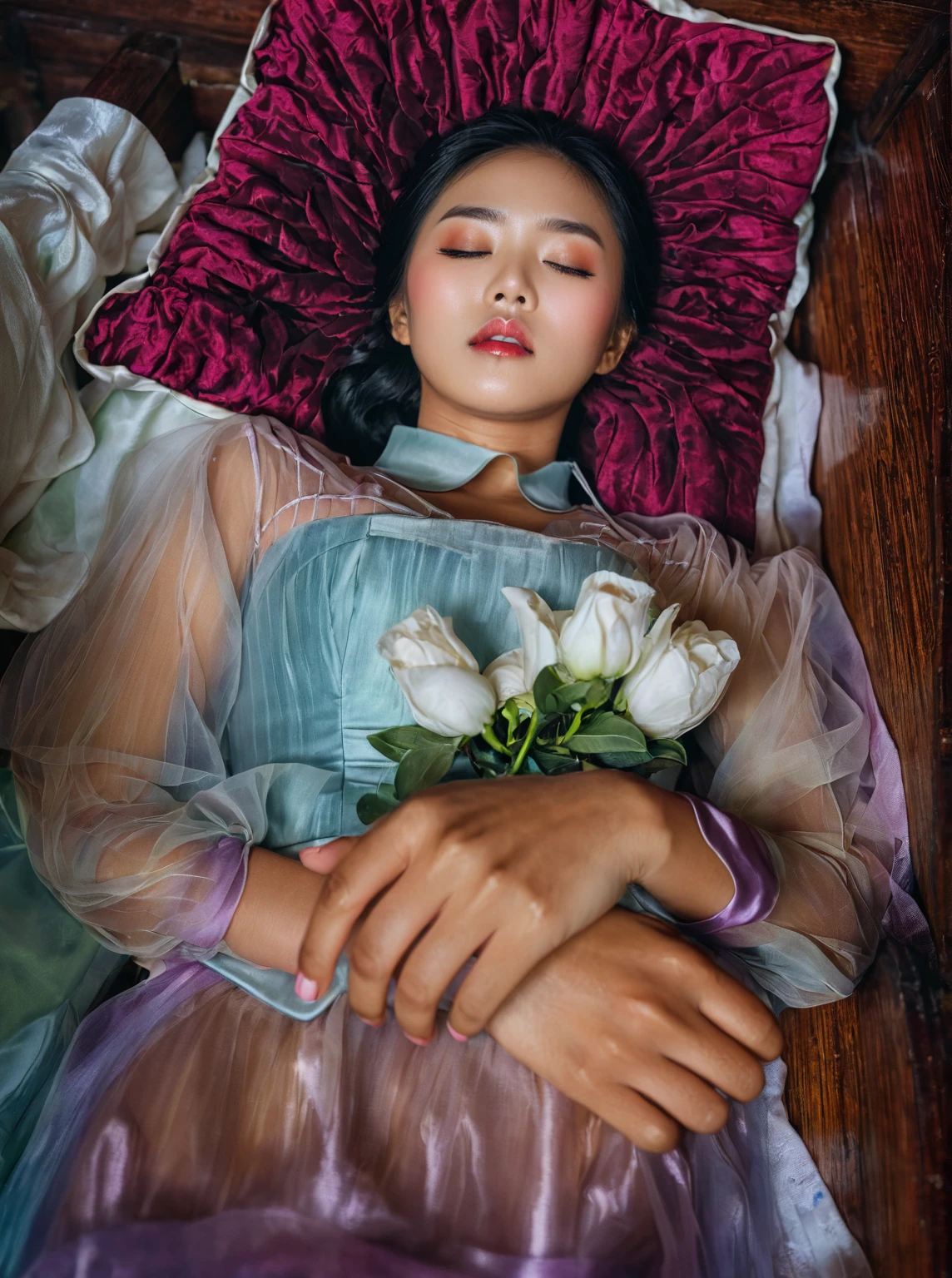 In a striking 8K HDR scene, a stunning Korean woman, 22 years old, lies peacefully in a coffin and coffin cover surrounded by plush pillows behind head. The deep box is set against a rich black background, accentuating the beauty of the subject. Her exquisite deep-V neckline kebaya attire is embroidered with superb detail, showcasing her round and firm breasts, perfect cleavage, and beautiful eyebrows. Her closed eyes and mouth give an air of serenity, while her visible and absolute cleavage leave nothing to imagination. The scene is bathed in saturated colors, highlighting every intricate aspect from the ball skirt to her clean face, straight body, detailed hand perfect hands, straight body, own hands together, own hand on stomach, detailed hands, perfect hands, holding the flowers.