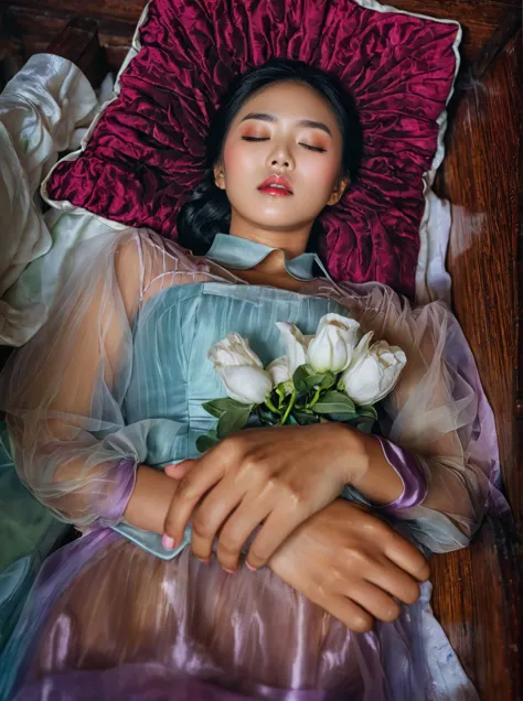 in a striking 8k hdr scene, a stunning korean woman, 22 years old, lies peacefully in a coffin and coffin cover surrounded by pl...