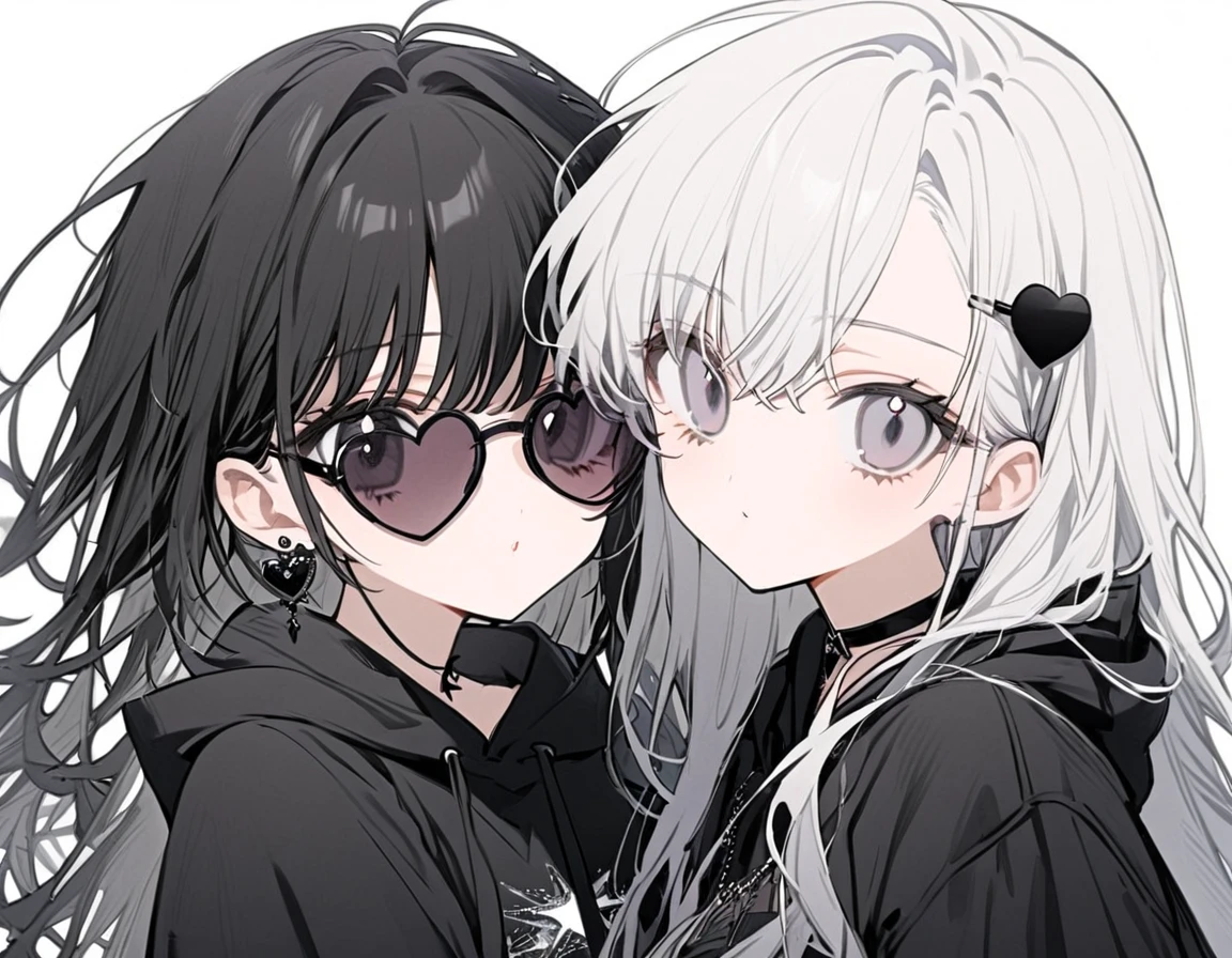 two girls, girl, white hair, black mesh hair, black and gray eyes, black hoodie, pastel black ((heart)) sun glasses, 舌を出す, white background