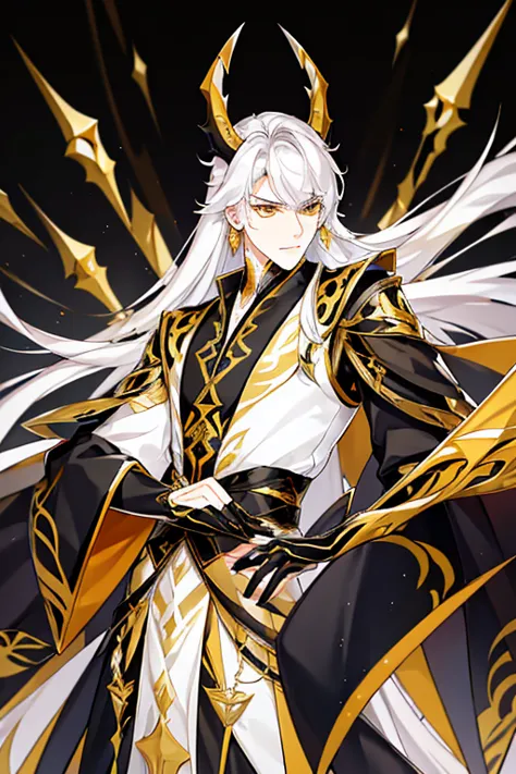 handsome, solo, 1 male, long hair, white hair , yellow eyes, black shirt, black suit, hanfu with red dragon patterns and gold ed...