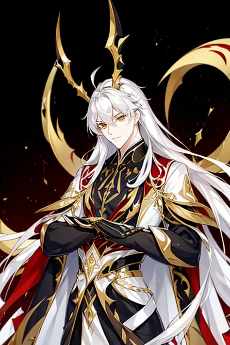 handsome, solo, 1 male, long hair, white hair , yellow eyes, black shirt, black suit, hanfu with red dragon patterns and gold ed...