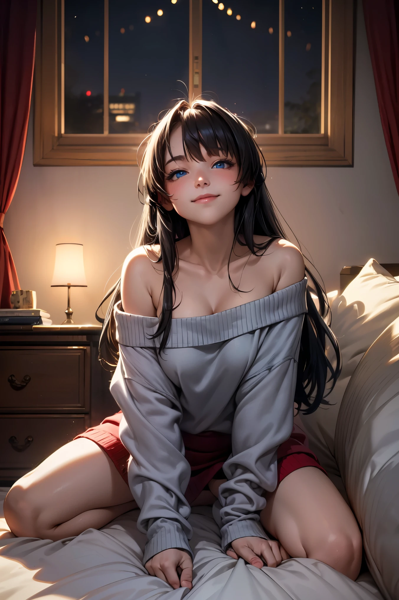 masterpiece, best quality, high resolution, Very detailed, Smile, Woman with long black hair and bangs, Bright blue eyes, Beautiful girl looking at camera, Front view, ((Off-shoulder sweater)),((Light red sweater)),barefoot, night, Indoor Warmth, Image illuminated by small lights, Writing border depth