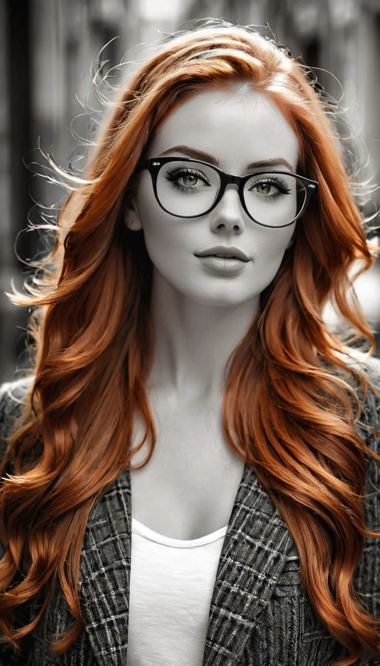 Foto preto e branco e duas outras cores, uma bela mulher ruiva feliz e radiante de felicidade com belos olhos verdes, (cabelo ruivo elétrico longo e muito detalhado), um grande par de óculos finos de titânio , Pele impecável, tiro de corpo inteiro, intensidade do olhar cativante, estilo de fotografia extravagante, capturado com uma câmera, Cinématique, Éclairage dramatique, Extrêmement clair, obra-prima surreal de tirar o fôlego.
