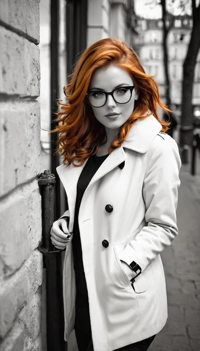 Photo noir et blanc et deux autres couleurs, une sublime femme rousse heureuse et rayonnante de bonheur aux yeux verts foncés sublimes, (cheveux roux électriques longs et très détaillés), une grande paire de lunettes fines en titane , Une peau impeccable, tir de tout le corps, intensité du regard captivant, style de photographie fantaisiste, capturé avec un appareil photo, Cinématique, éclairage dramatique, extrêmement clair, masterpiece surréaliste à couper le souffle.
