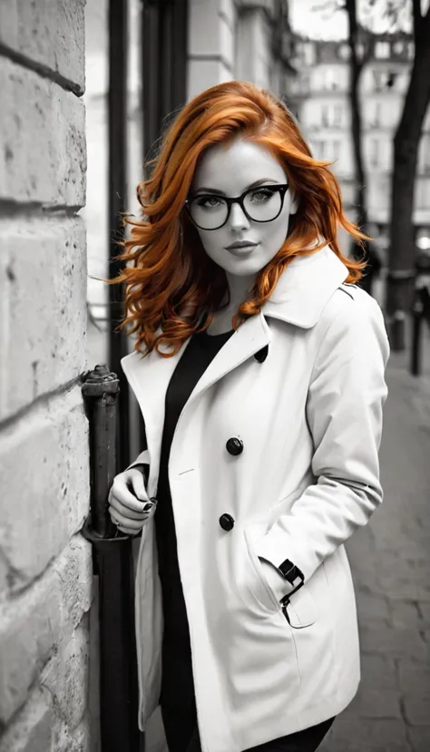 Photo noir et blanc et deux autres couleurs, une sublime femme rousse heureuse et rayonnante de bonheur aux yeux verts foncés su...