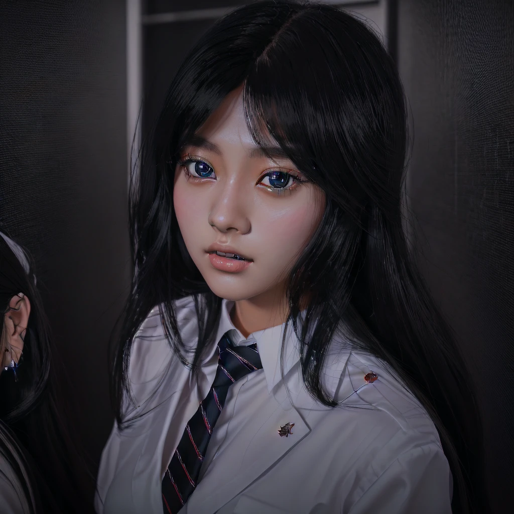 There is a woman with long black hair wearing a white shirt and tie., Surreal school girl, a Surreal school girl, artwork in the style of Gwaiz, Soft Portrait Shot 8k, Realistic Anime 3D Style, Gwaiz, Photorealistic Animation, Anime realism style, [ 4K Photorealism ]!!, Portraits of Korean female idols