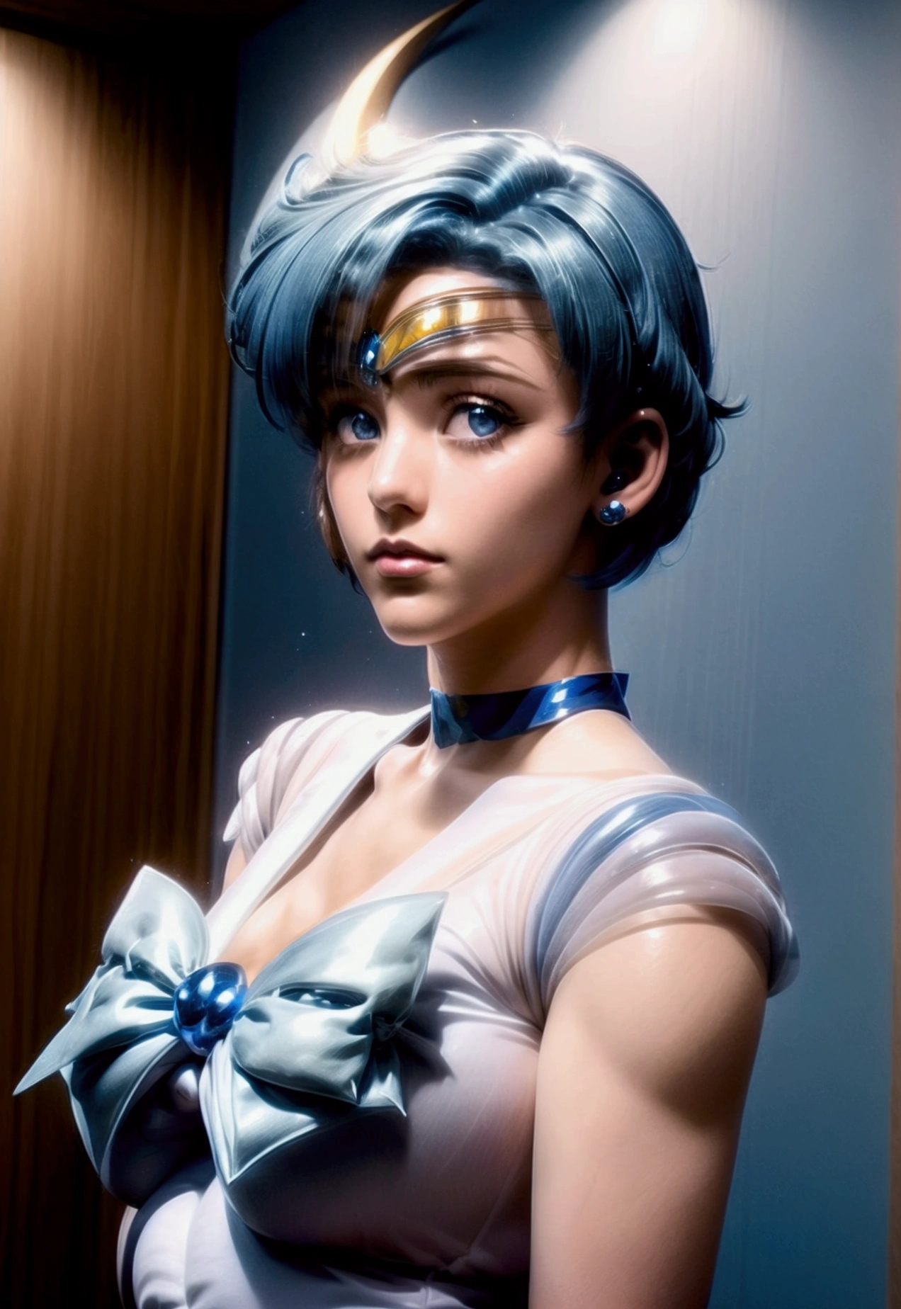 beautiful and sensual Sailor Mercury, transparent sailor suit, short hair, blue hair, blue eyes, Ami Mizuno, (sailor mercury, neckband, blue hair, short hair, headband, jewelry, half-moon earrings), sailor_mercury. with a background in the galaxy near the planet Mercury. stage lights. in Style 3B. full body view.