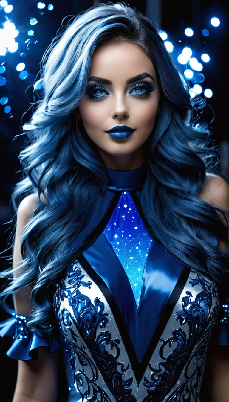 Foto em preto e branco e azul profundo, uma mulher feliz e radiante de felicidade com olhos azuis sublimes, (longs cheveux bleu_noite muito detalhada com reflexos azuis elétricos muito detalhados), um grande par de óculos finos de titânio , Pele impecável, tiro de meio corpo, cabelos azul escuro, intensidade do olhar cativante, estilo de fotografia extravagante, capturado com uma câmera, Cinématique, Éclairage dramatique, Extrêmement clair, obra-prima surreal de tirar o fôlego.
