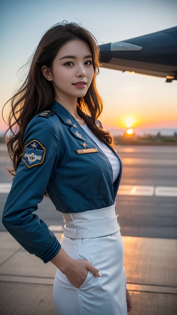 (highest quality, 8K, 32k, masterpiece, uhd:1.2), (realistic:1.5), (masterpiece, Highly detailed CG Unity 8K wallpaper, highest quality, High resolution:1.2), (Super detailed, uhd:1.2), Photo of extremely cute and beautiful Japanese woman, (Long wavy chestnut hair:1.2), adult, (detailed beautiful girl:1.4), highest quality, woman, adult, (Detailed US Air Force Pilot Uniform:1.5), (Pilot Captain Jacket:1.3), (High waist pencil micro skirt:1.3), (Beautiful sunset us air force base runway view background:1.2), （mig 29、F-22、air force plane）laugh shyly:1, looking at the viewer, towards the audience, ((Perfect woman&#sexy body)), (tight waist:1.0), (Image of the whole body), thin, abs, beautiful body, big ass and big breast, (big breasts:2.25)(big Butt 2.55),assemble the head, wind, dynamic pose, cinematic light, Backlight, fine clothes, perfect anatomy, perfect proportions, detailed human body, Stylish model in sexy bent over One hand is raised in the air, pose,soft expression、smile、Sexy slit thighs and beautiful legs、A sneak peek of abs、A glimpse of her no underwear , Besides have a Myanmar National Flag and Myanmar Camara form behind.