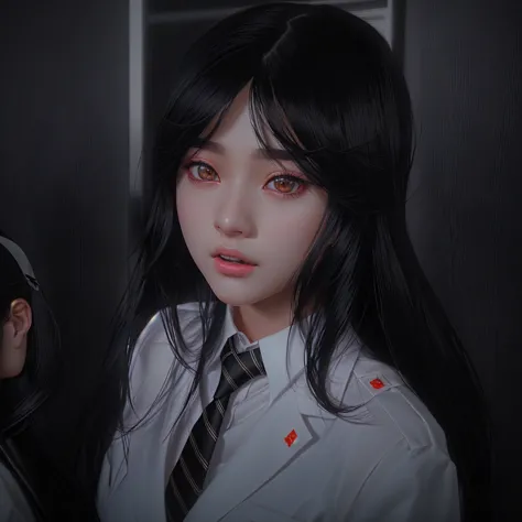 there is a woman with long black hair wearing a white shirt and tie., surreal school girl, a surreal school girl, artwork in the...