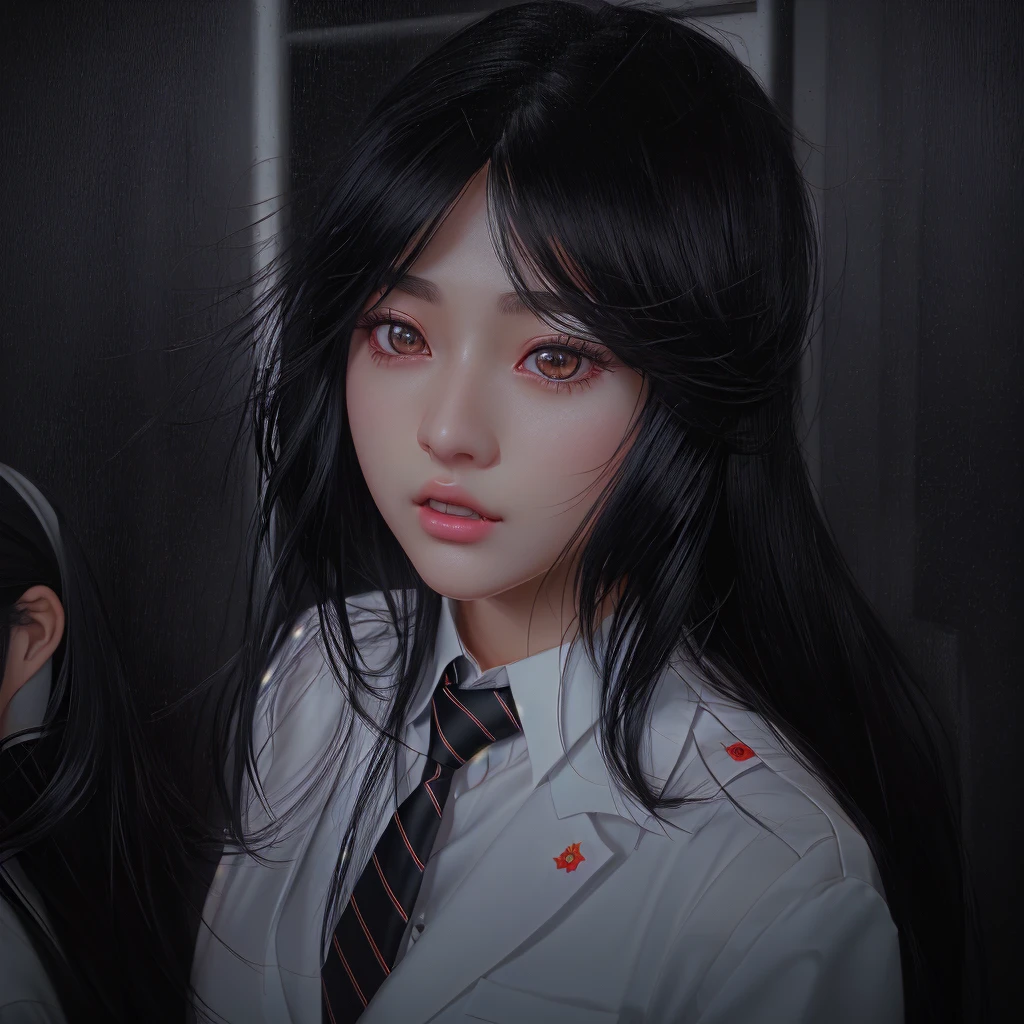 There is a woman with long black hair wearing a white shirt and tie., Surreal school girl, a Surreal school girl, artwork in the style of Gwaiz, Soft Portrait Shot 8k, Realistic Anime 3D Style, Gwaiz, Photorealistic Animation, Anime realism style, [ 4K Photorealism ]!!, Portraits of Korean female idols