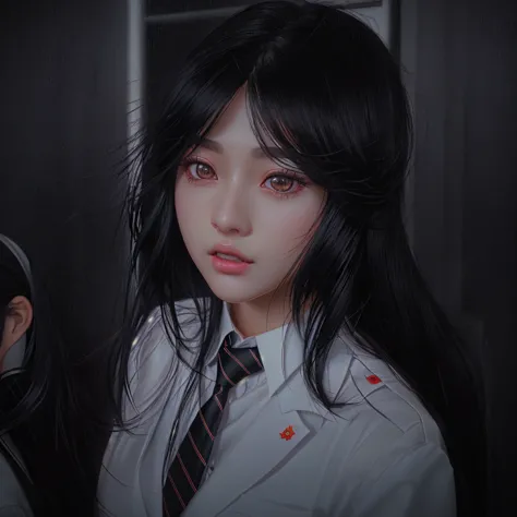 there is a woman with long black hair wearing a white shirt and tie., surreal school girl, a surreal school girl, artwork in the...