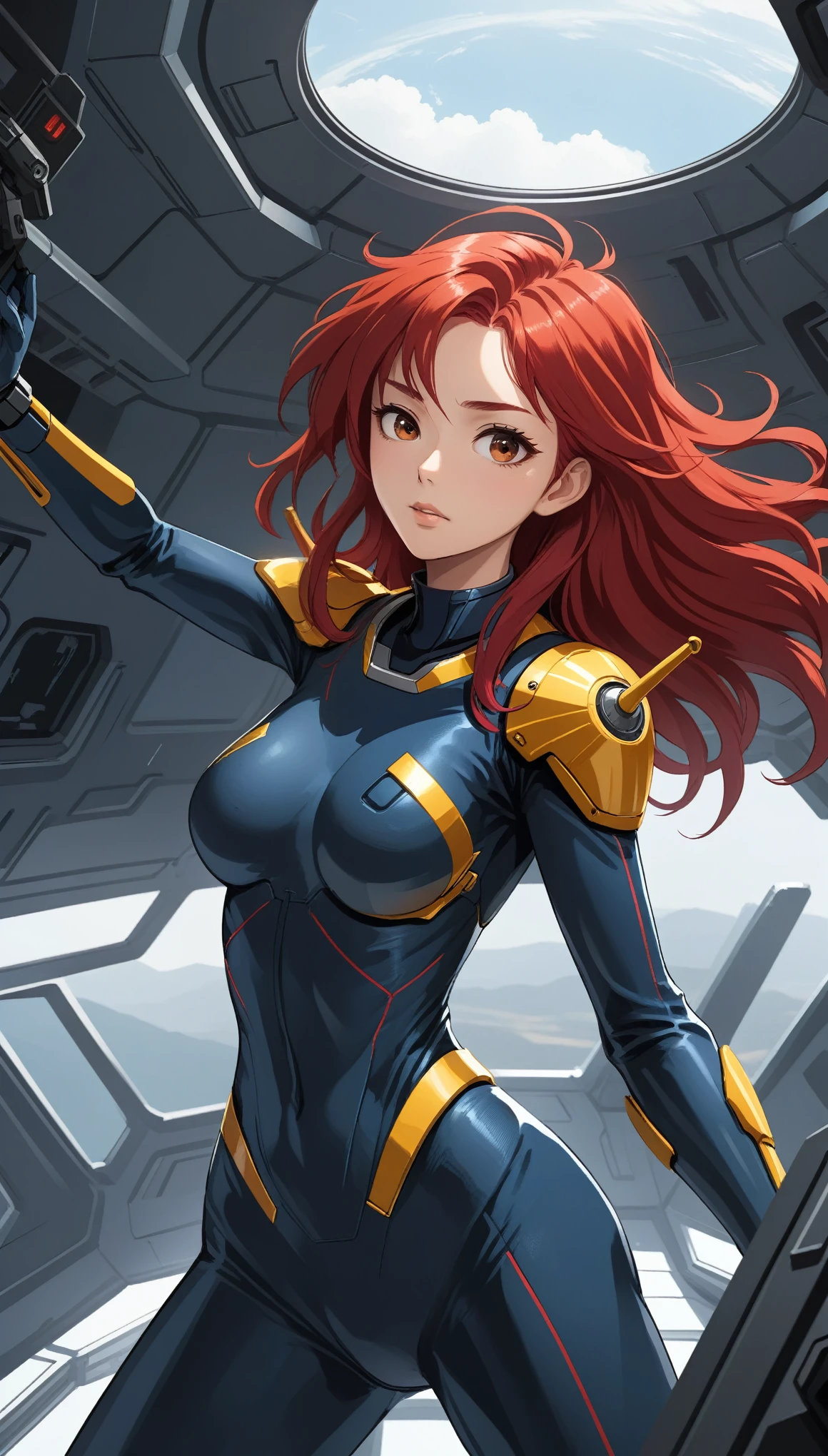 1 Girl、Medium Bust、solo、Red Hair、Long Hair、Mobile Race Suit、Shoulder Armor、ceiling、Wide Shot、Looking Ahead、profound、Fighting Pose、Closed Mouth、Highest quality、medium quality、22 years old、Asian、Mobile Trace System、cockpit、