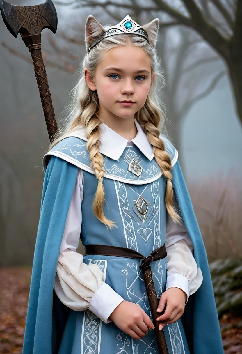 A beautiful photo of tween wearing a Norse style charcoal grey woolen gown with elegant pale azure blue princess style apron, runes of family, love, healing and protection are embroidered along it, with knee high stockings, white doeskin boots, and a beautiful cloak with silver white collar, has golden white hair. The hairstyle is elegant loose waves with a Dutch braided crown with a silver diamond circlet with a triforce gem, holding a magical axe, white leather magic bag, warrior princess, shadow cat is a pale grey-white, the color of thick mountain morning mist, beautiful plus sized girl, 12k, ancient Norse, saggy breasts, wide hips