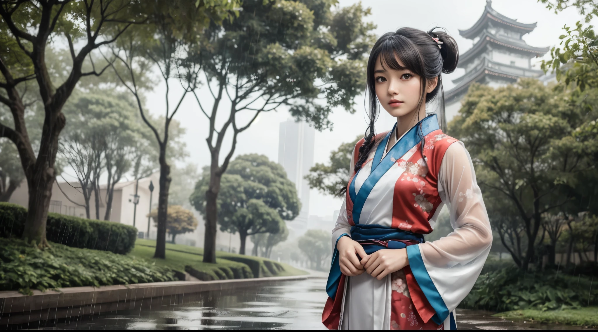 1girl, (solo:1.4), standing, (side cut long hanfu blouse with sailor collar:1.2), (13yo, cute:1.3), (breasts:1.2), (thigh, see-through ruffles sleeve:1.2), high ponytail, detailed face, (looking at viewer:1.2), rainy weather, heavy rain, highest quality, high resolution, very detailed, delicate texture, silver hair, red eyes, bangs, poker face, holding rabbit, red kimono, floral pattern, romantic nature, very straight hair, dreamlike world atmosphere, exquisite,