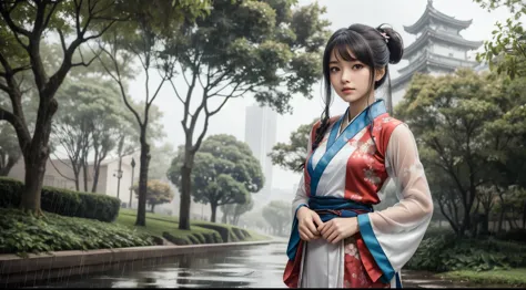 1girl, (solo:1.4), standing, (side cut long hanfu blouse with sailor collar:1.2), (13yo, cute:1.3), (breasts:1.2), (thigh, see-t...