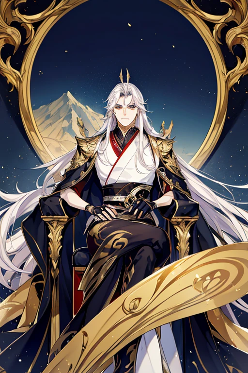 Perfect details, special details, top quality, handsome, dominant, serious, majestic, bad boy, solitary, looking straight ahead, 1 male, long hair, white hair, yellow eyes, broad shoulders, a balanced and well-toned body from years of training, black shirt, Hanfu with red dragon patterns and gold edges highlighting the aura of a leader, golden horns, sitting on a throne made of gold, reserved for someone above all others. Behind the man is an enormous painting depicting high mountains, vast plains, and swirling clouds that create a beautiful, almost otherworldly scene, best quality, 16k, masterpiece, detailed face drawing, with two arms and two legs, manhua character.