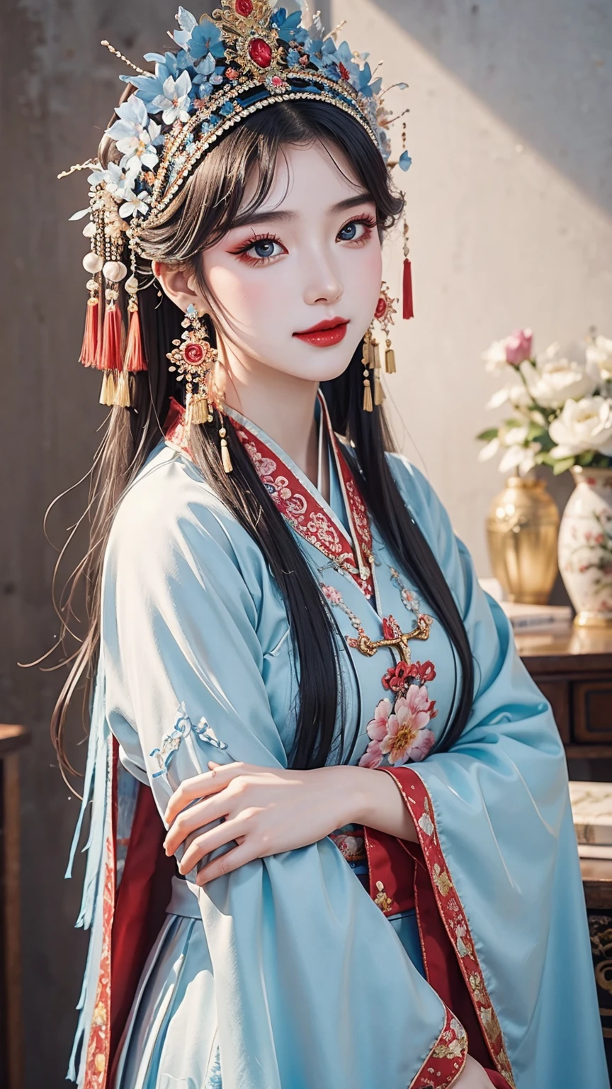 (masterpiece, best quality:1.2，lifelike：1.37), antiquity，Chinese style illustrations：（1 girl, alone，），portrait，Detailed drawing of eyes，eyelash，blush，laughing out loud，long hair，Exquisite makeup，Exquisite headdress，blueGorgeous Hanfu，blur background，Simple，glowing butterfly，Blue：1.37，huge peony flower：1.37