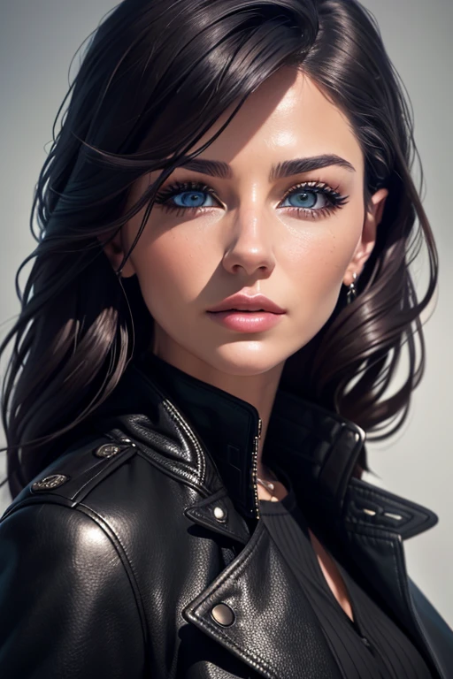 Ким Кардашьян a beautiful woman wearing a black leather trench coat, highly detailed portrait, extremely detailed facial features, beautiful eyes, beautiful lips, long eyelashes, flawless skin, elegant expression, natural lighting, photorealistic, 8k, best quality, highres, masterpiece