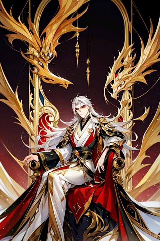 Perfect details, special details, top quality, handsome, domineering, serious, majestic, bad boy, solo, looking straight ahead, 1 male, long hair, white hair, yellow eyes, broad shoulders, well-balanced and toned body from years of training, black shirt, Hanfu with red dragon patterns and gold edges highlighting the aura of a leader, golden horns, sitting on a golden throne designed for someone above all others, behind the man is a massive painting depicting towering mountains, vast plains, and misty clouds reminiscent of a beautiful, otherworldly landscape, best quality, 16k, masterpiece, detailed face drawing, detailed eye drawing, detailed body drawing, with two arms and two legs (two arms:1.4, two legs:1.4), manhua character.