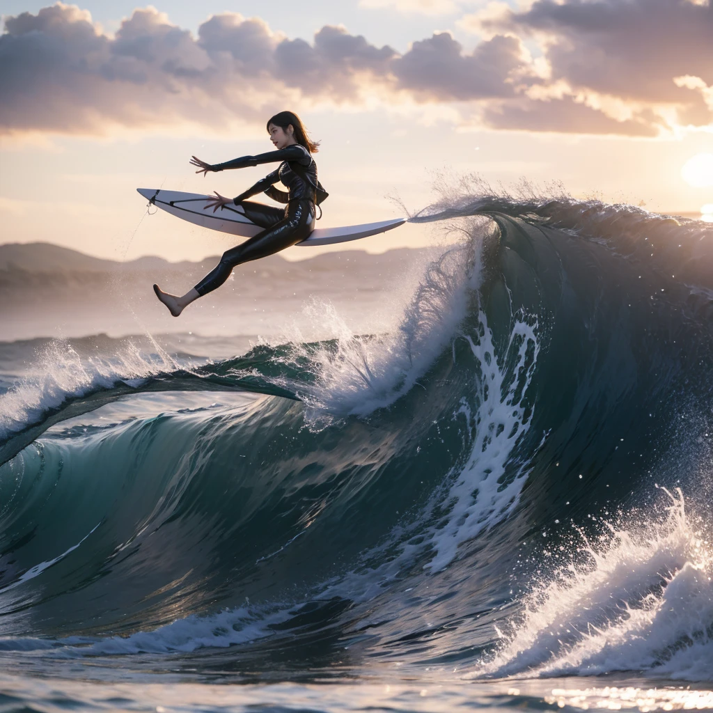 (Luminism:1.28), Side view, TopQuality 8K Masterpiece (ProfessionalPHOTO:1.37) (Extremely Detailed (A girl half Standing on a Life Size straight surfboard)), Colorful morning Glory Rays, (There is Only one surfboard under her feet:1.32) Sparkling Waves Splashing water Particles, Glowing Wet Hair, hourglass body type, Dynamic motion blur, Perfect Hand, (Surfing Photos:1.4) (((nothing hold)))