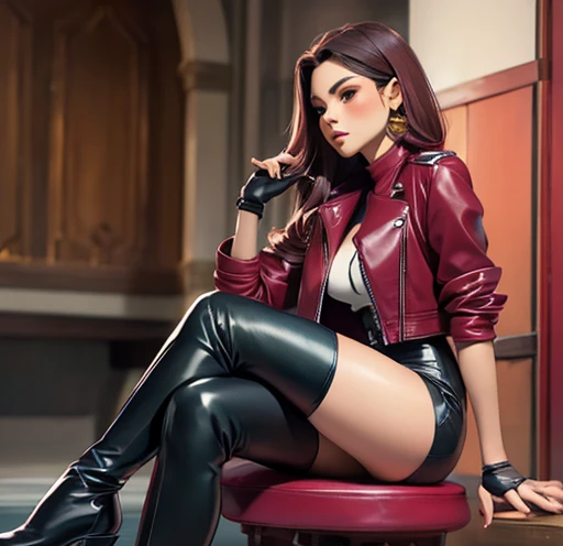 Woman aged 25+ with an ideal figure, hands in the chest area In a burgundy leather jacket and black pencil skirt, lacquered gloves, boots, chest decoration, medium breasts, full height , photo, high quality, face detail, 