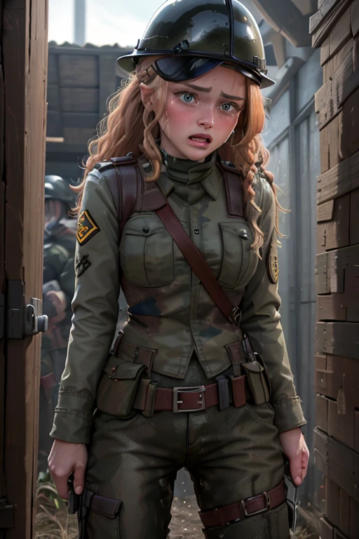 8k high resolution, best quality, dutch soldier girl, 22 years old,  curly strawberry blonde hair as a braid, decent makeup, dutch infantry uniform and Gear, dutch infantry field uniform and helmet, cowardly female recruit, standing at the battlefield, scared, shocked, eyes wide open, crying in fear, tears running down her cheeks, smeared makeup, explosion in the backround, terrified, peeing her uniform pants, pee pants accident, visible wet pants, peeing herself, cowardly, totally scared, horrified, visibly wet tight uniform pants, peestained pants, visibly wet fabric of her pants, unexperienced recruit, royal dutch army, low ranked soldier, standing in front of her amused comrades