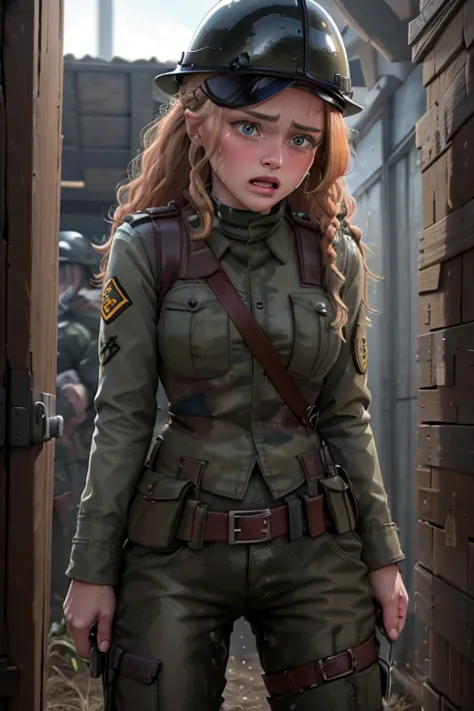 8k high resolution, best quality, dutch soldier girl, 22 years old,  curly strawberry blonde hair as a braid, decent makeup, dut...