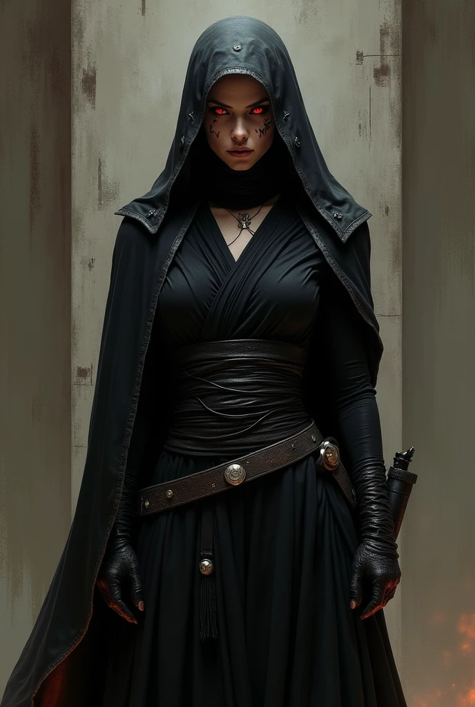 Female sith, buzzcut, black robe, standing, frontal, facial scars, red eyes, black hood