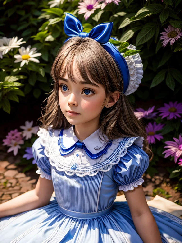 1 girl, Masterpiece, Best Quality, 8k, UHD, absurdres, full body, slim, anatomically correct, detailed skin texture, detailed fabric texture, beautiful detailed face, intricate details, ultra detailed, Alice in Wonderland, (a bow on his head:1.1), (((full body shot)))