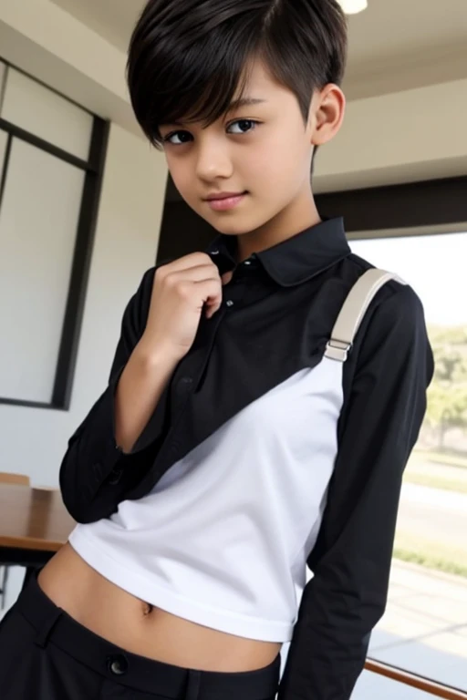 A 16 year old beautiful and slim girl, short hair, tomboy hairstyle, wearing school uniform, white shirt,long black pant, breasts can be seen.