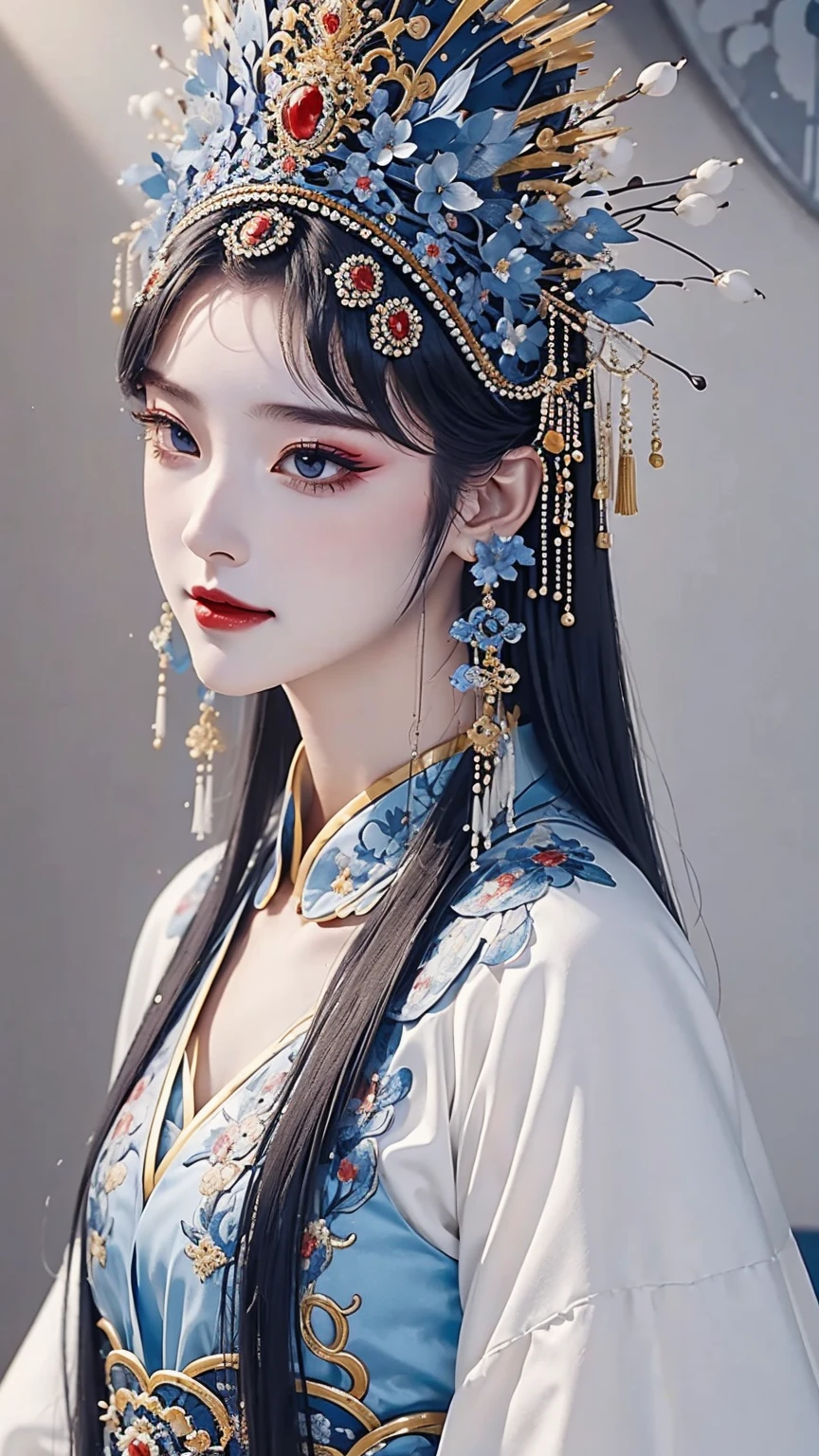 (masterpiece, best quality:1.2，lifelike：1.37), antiquity，Chinese style illustrations：（1 girl, alone，），portrait，Detailed drawing of eyes，eyelash，blush，laughing out loud，long hair，Exquisite makeup，Exquisite headdress，blueGorgeous Hanfu，blur background，Simple，glowing butterfly，Blue：1.37，huge peony flower：1.37