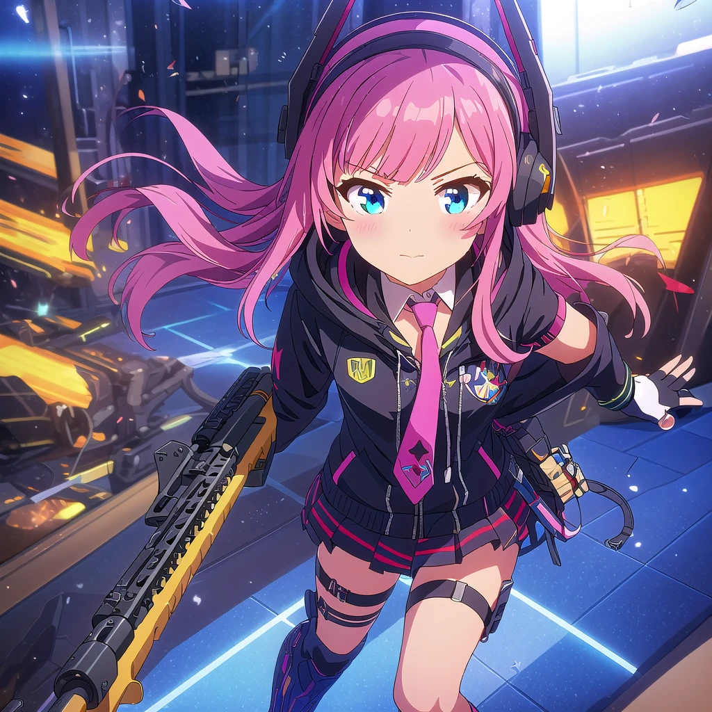 ((highest quality)), ((masterpiece)), (detailed), Perfect Face

(best quality),(masterpiece),(ultra detailed),(highres),production art,1girl, weapon, pink hair, gun, gloves, st ar-15 (girls' frontline), solo, fingerless gloves, rifle, ar-15, jacket, skirt, shell casing, long hair, hood, multicolored hair, holding weapon, holding, headphones, blue eyes, necktie, scope, black gloves, holding gun, suppressor, hooded jacket, one side up, thigh strap,