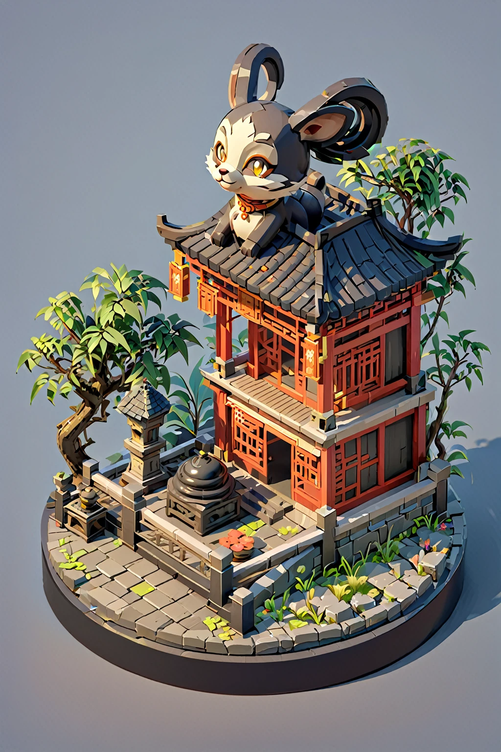 Isometric, game architectural design, black stone material, Chinese style, cartoon style, circular composition, a circle around the outside of the jar, animal head statue, toward the center arch, casual game style, 3d, close-up, masterpiece, super detail, best quality